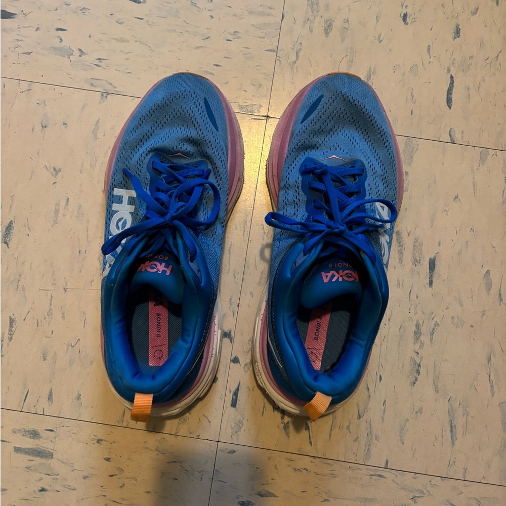 Blue and pink hoka bondi 8